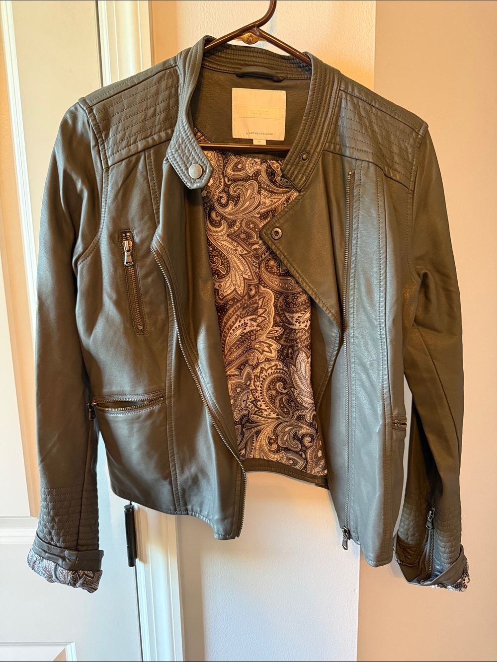 Anthropologie Charcoal Faux Leather Moto Jacket with Quilted Details